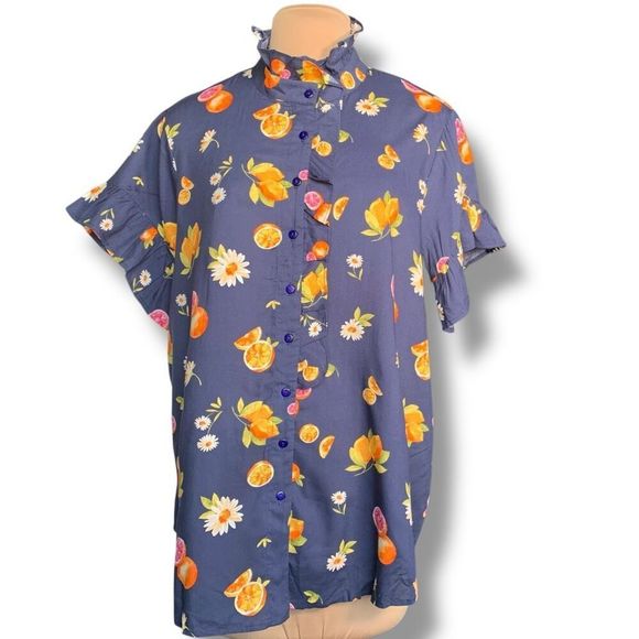 Wayward Fancies eShakti Navy Blue Citrus Print Button-Down Blouse Ruffled Collar - Picture 2 of 9